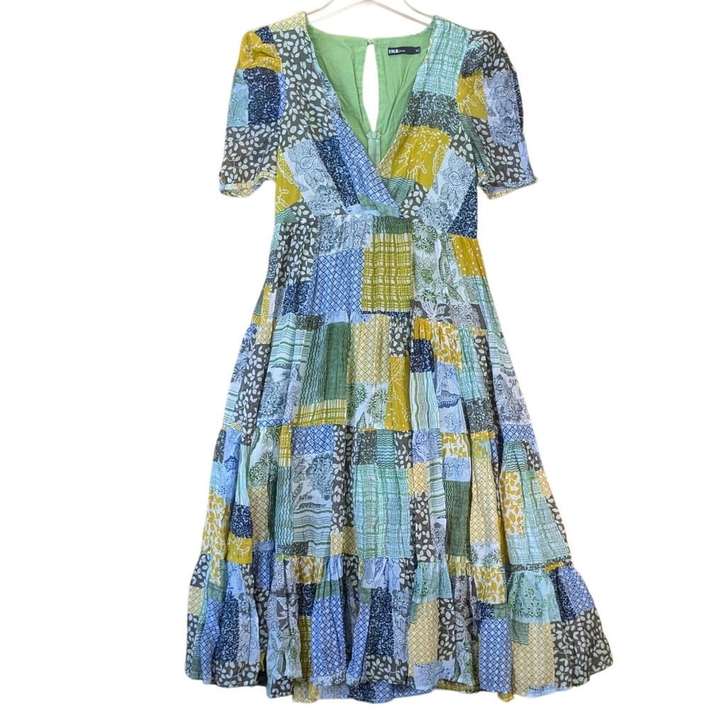 INA Boho Cottage Patchwork Floral Tiered Midi Dress Size M Green Blue Colorful